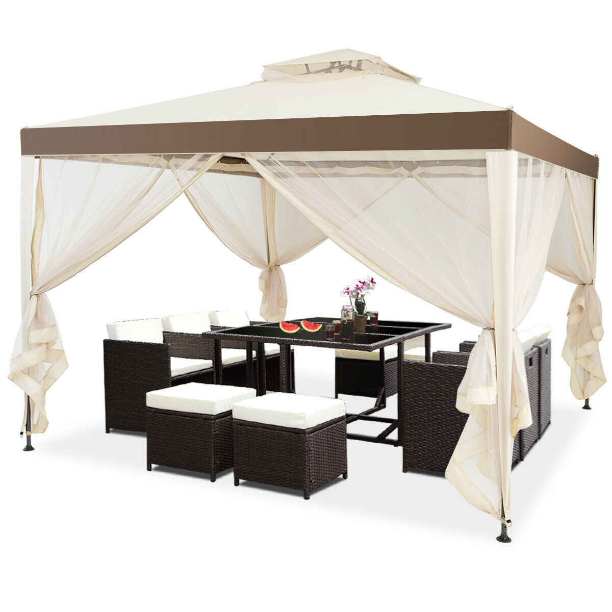 Canopy and Garden Structures Gazebo with Netting for Outdoors-Brown