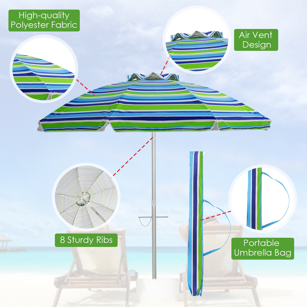 6.5 Feet Beach Umbrella with Sun Shade and Carry Bag without Weight Base-Blue