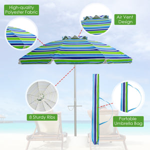 6.5 Feet Beach Umbrella with Sun Shade and Carry Bag without Weight Base-Blue