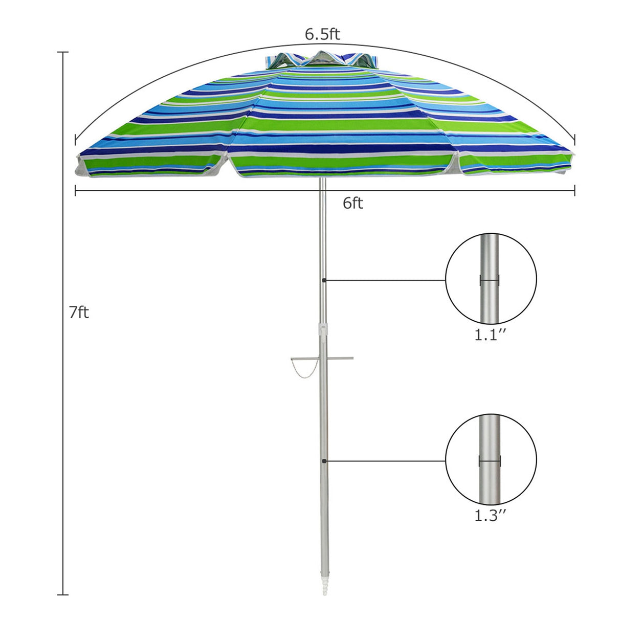 6.5 Feet Beach Umbrella with Sun Shade and Carry Bag without Weight Base-Blue