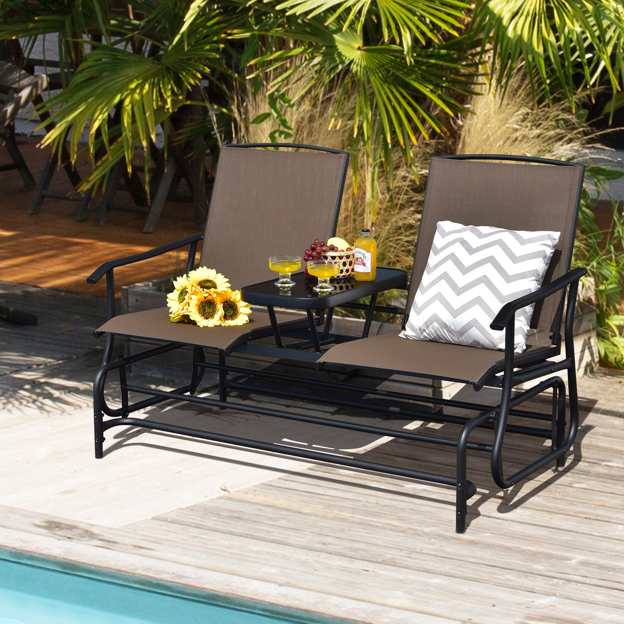 2-Person Rocking Loveseat with Mesh Fabric and Tempered Glass Table