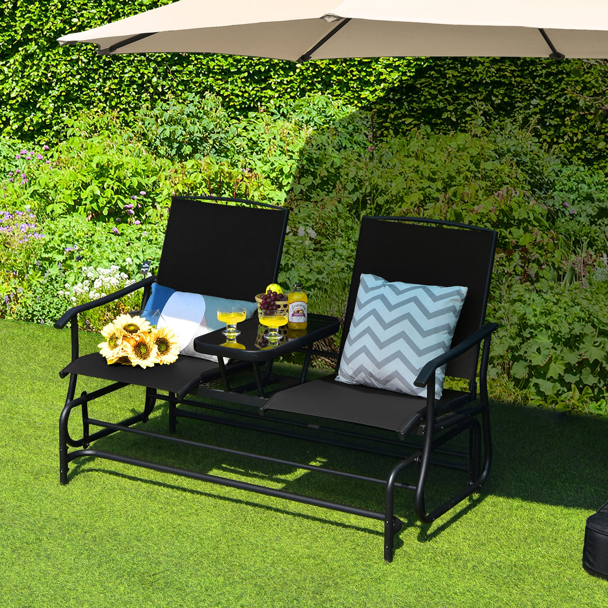 2-Person Rocking Loveseat with Mesh Fabric and Tempered Glass Table
