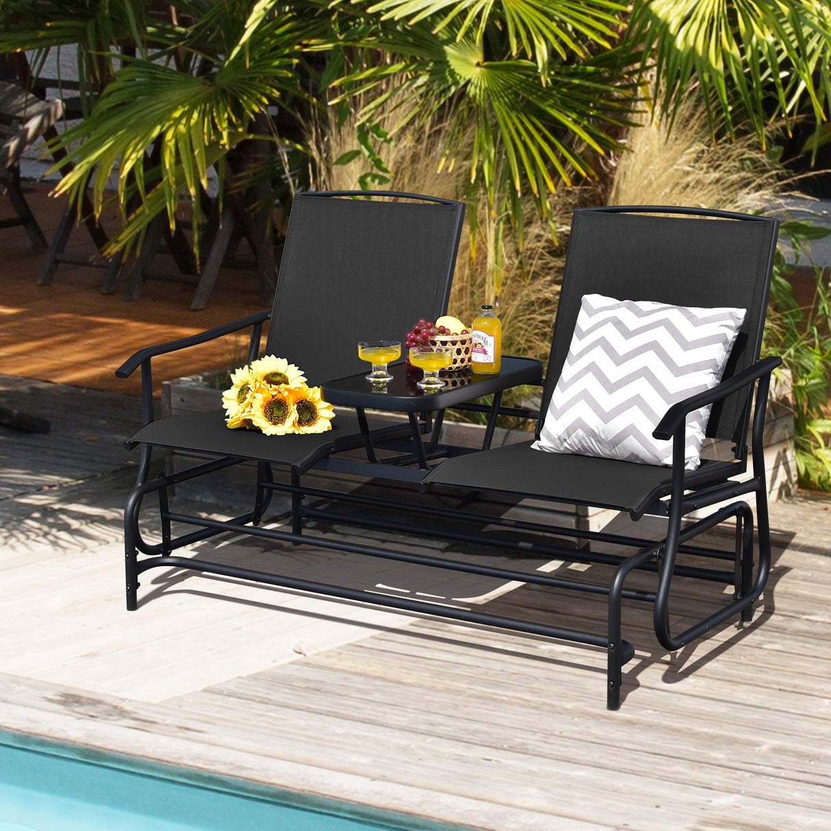 2-Person Rocking Loveseat with Mesh Fabric and Tempered Glass Table