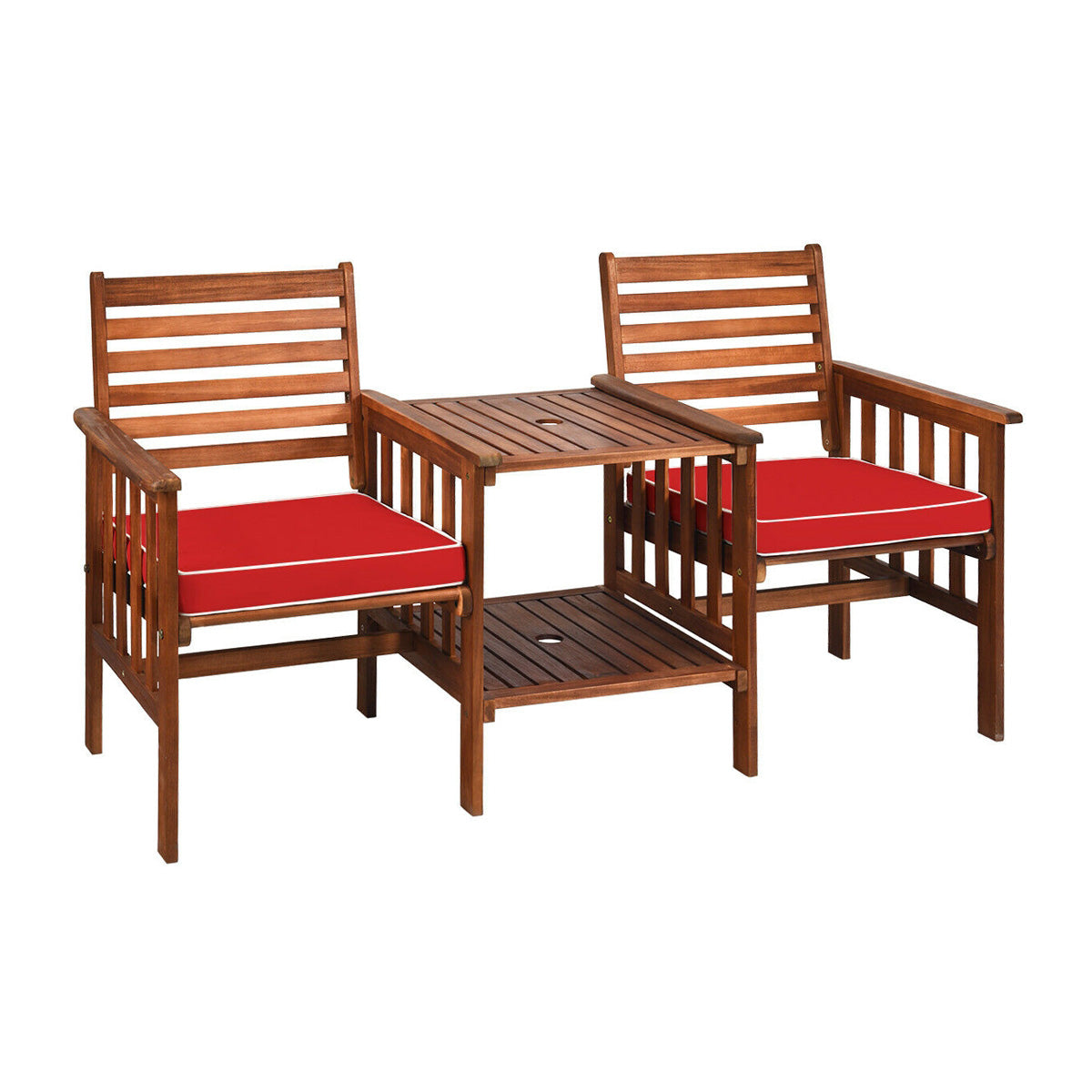 3 pcs Outdoor Patio Table Chairs Set Acacia Wood Loveseat-White
