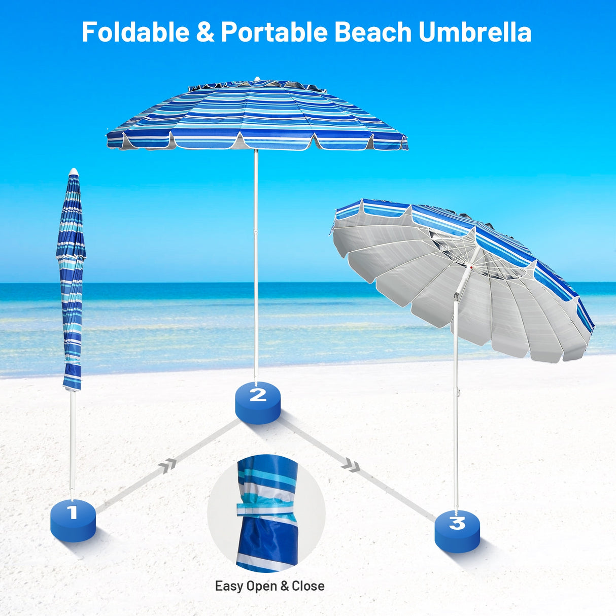 8FT Portable Beach Umbrella with Sand Anchor and Tilt Mechanism for Garden and Patio-Blue