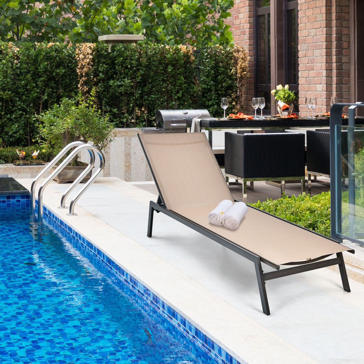 Outdoor Reclining Chaise Lounge Chair with 6-Position Adjustable Back-Black