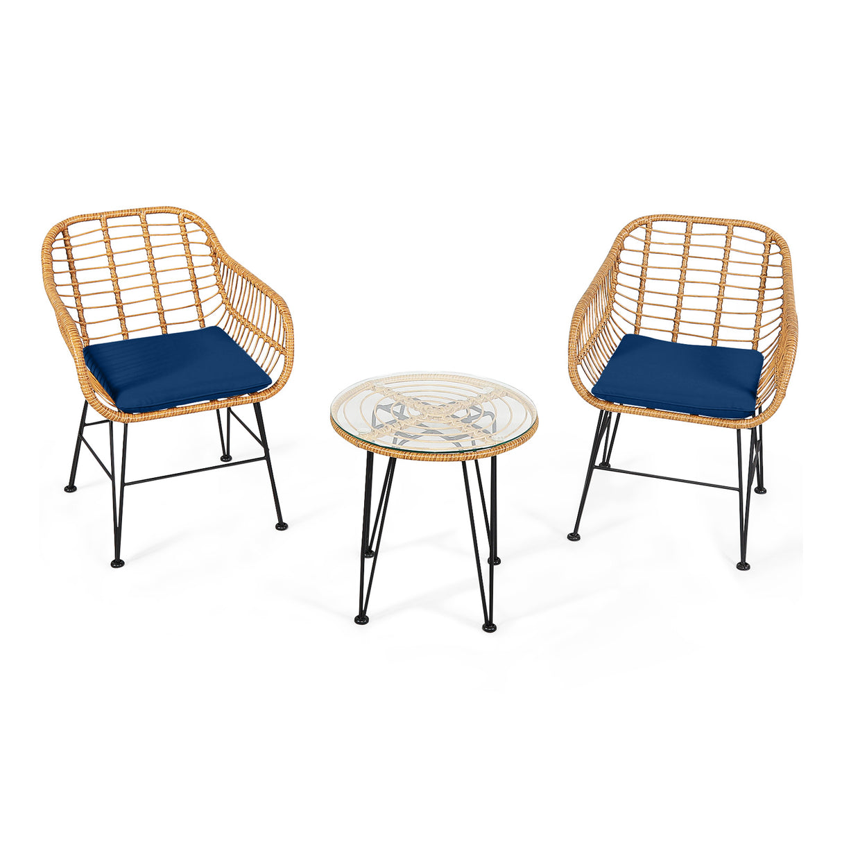 3 Pieces Rattan Furniture Set with Cushioned Chair Table-White
