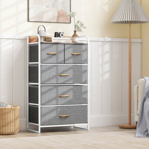 4-Tier Organizer Tower Steel Frame Wooden Top Storage with 5-Drawer Dresser-Gray