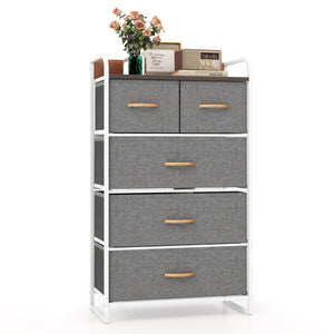 4-Tier Organizer Tower Steel Frame Wooden Top Storage with 5-Drawer Dresser-Gray
