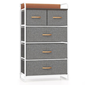 4-Tier Organizer Tower Steel Frame Wooden Top Storage with 5-Drawer Dresser-Gray