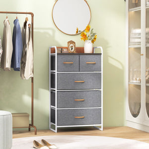 4-Tier Organizer Tower Steel Frame Wooden Top Storage with 5-Drawer Dresser-Gray