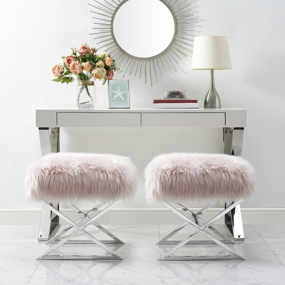 Aurora Faux Fur X-Leg Ottoman