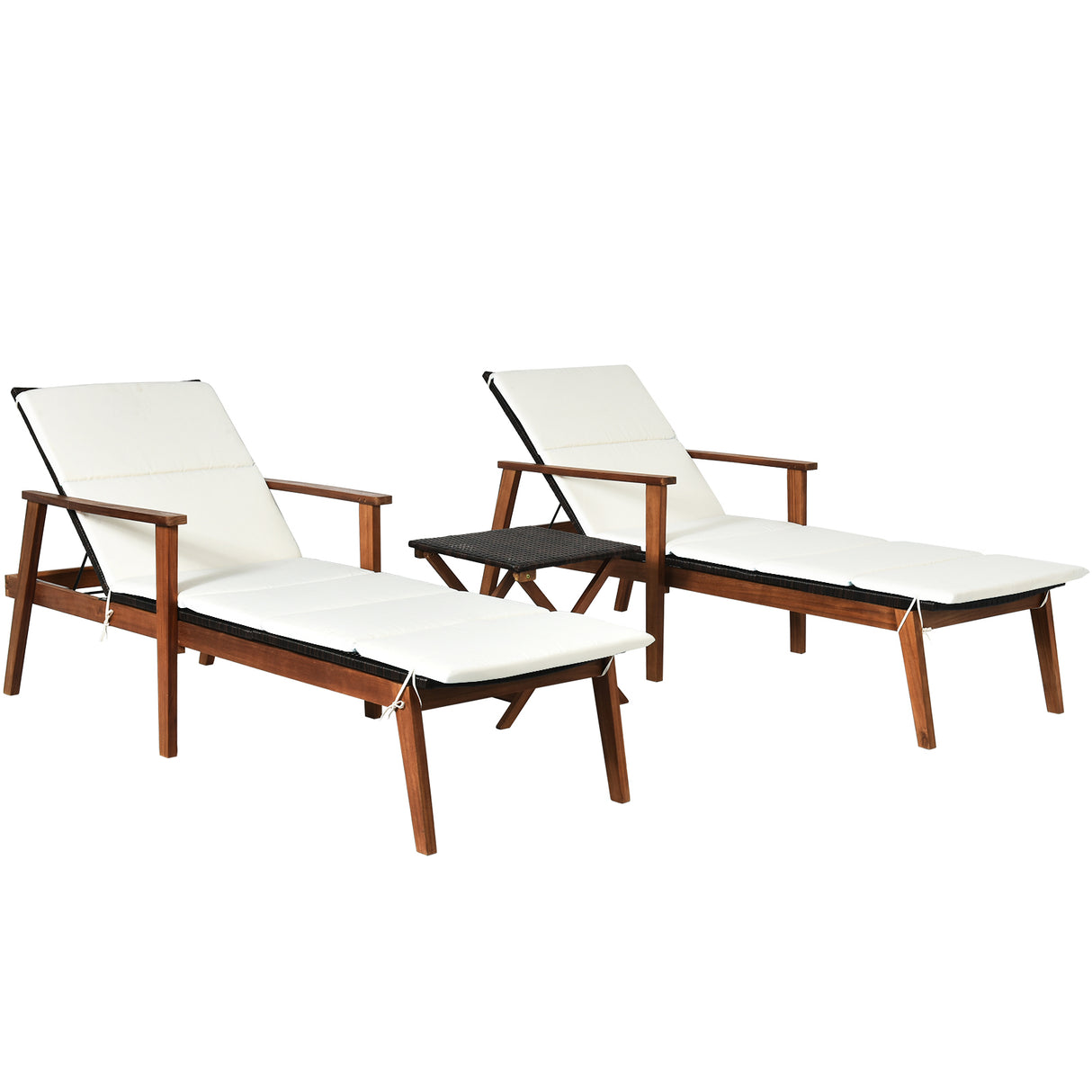 3 Pieces Portable Patio Cushioned Rattan Lounge Chair Set with Folding Table-Turquoise