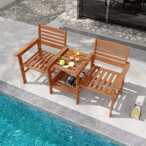 Outdoor Patio Wood 2-Seat Conversation Set with Coffee Table and Umbrella Hole