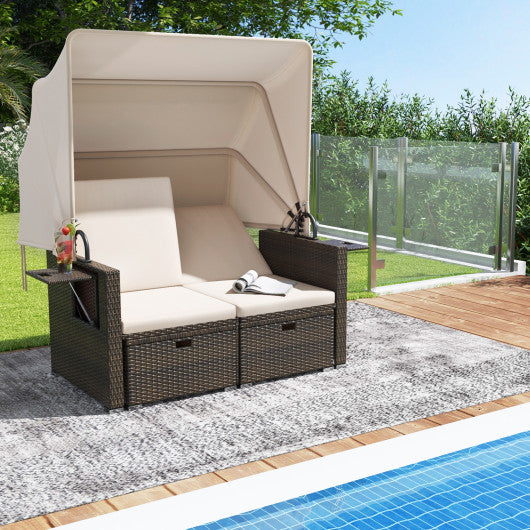 Outdoor Patio Rattan Daybed with Retractable Canopy and Adjustable Backrests-Beige