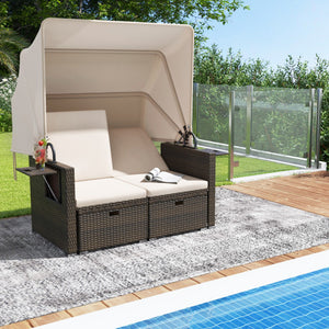 Outdoor Patio Rattan Daybed with Retractable Canopy and Adjustable Backrests-Beige