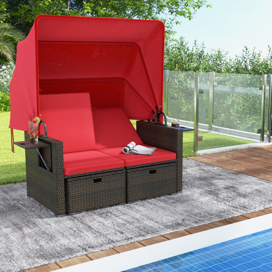 Outdoor Patio Rattan Daybed with Retractable Canopy and Adjustable Backrests-Red
