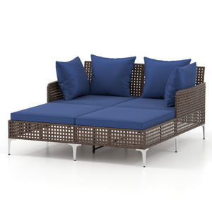 Outdoor Rattan Double Daybed Wicker Chaise Lounge-Navy