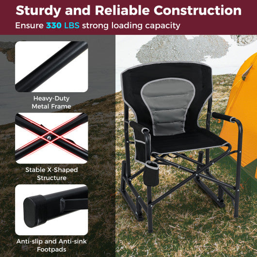 Outdoor Rocker Camping Chair with Dual Springs and Padded Back-Black