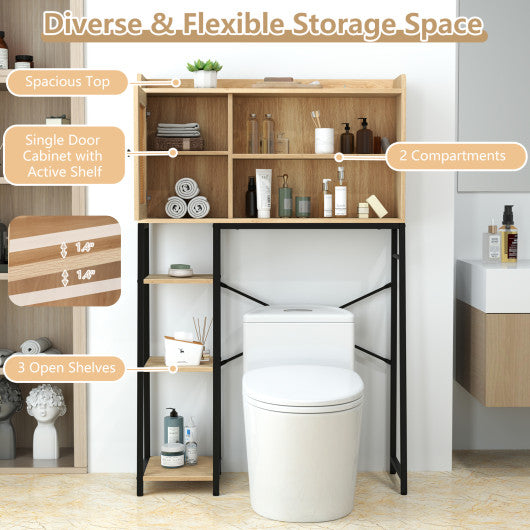 Over The Toilet Storage Cabinet with PE Rattan Door and Open Storage Shelves-Natural