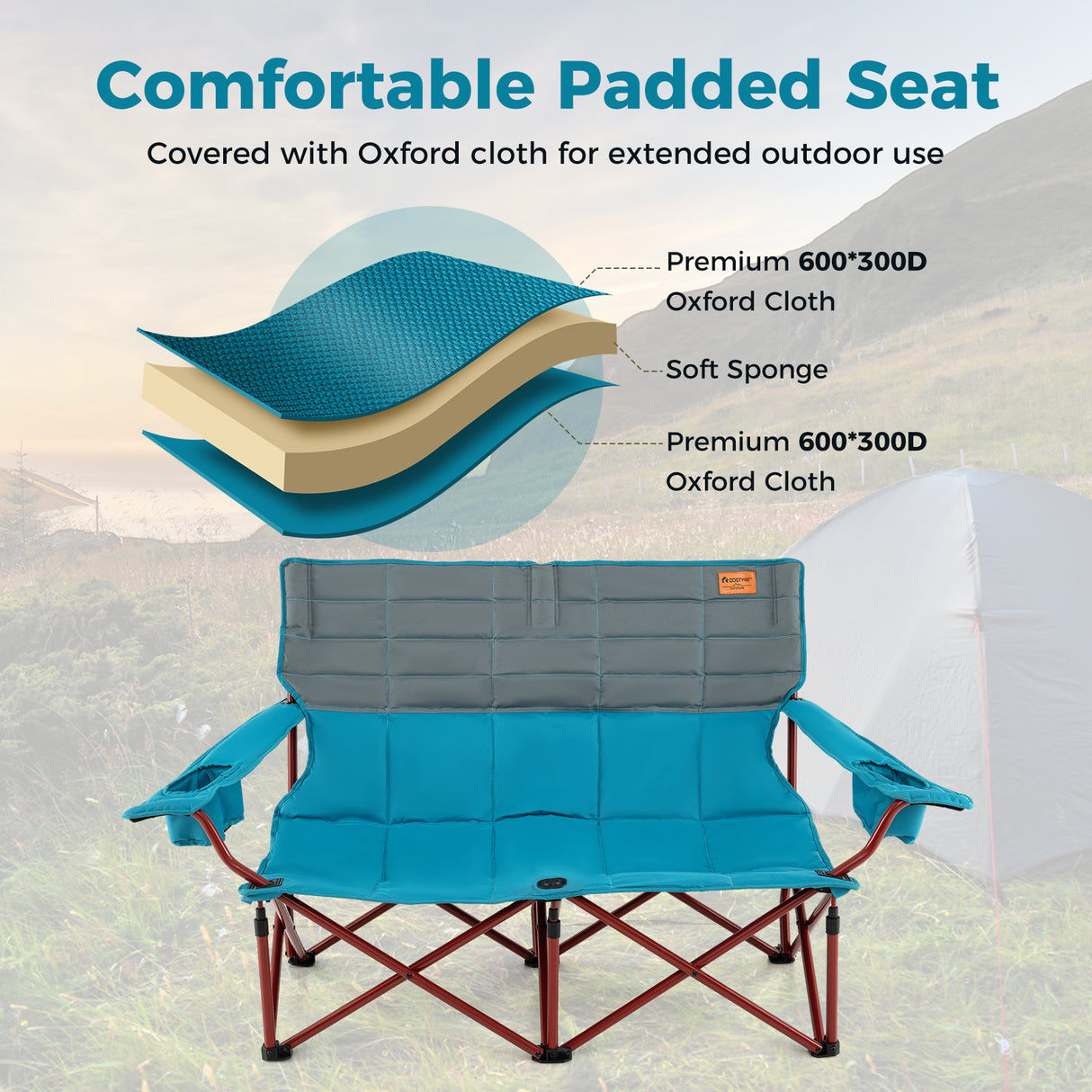 Oversized Camping Chair Folding Loveseat Camping Couch with Cup Holders & Thick Padding-Blue