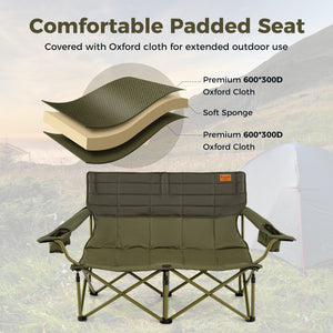 Oversized Camping Chair Folding Loveseat Camping Couch with Cup Holders & Thick Padding-Green