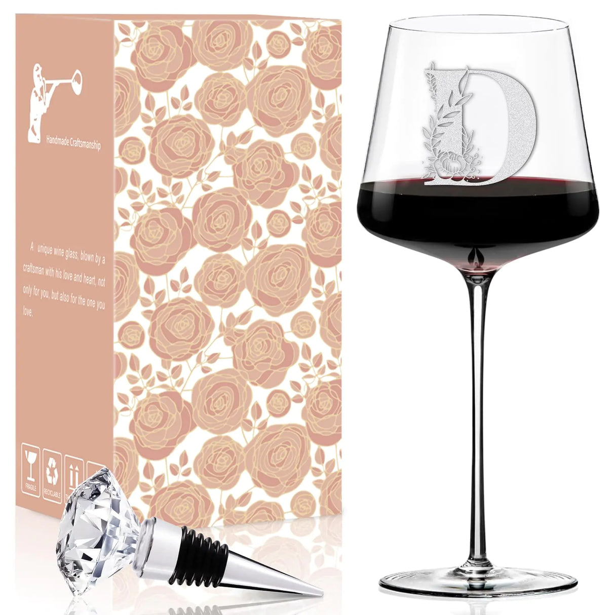 Physkoa Personalized Wine Glass-Wine Glass Gifts for Women(Etched Dishwasher Safe) Customized Wine Glass with Initial-Monogrammed A-Z Custom Wine Glass Gift for Birthday Christmas Letter-D