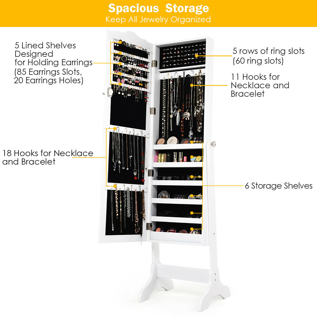 Mirrored Lockable Jewelry Cabinet Armoire Organizer Storage Box-Black