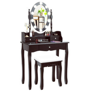 Oval Mirror Vanity Set  with 10 LED Dimmable Bulbs and 3 Drawers-Brown