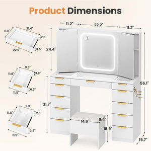 11-Drawer Vanity Desk with LED Mirror & Glass Top, Crystal Knobs
