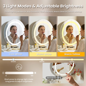 Small Makeup Vanity Table with Round LED Mirror & Cushioned Stool for Living Room, Bedroom