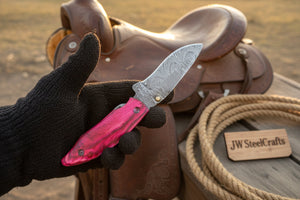 Pink Pakka Wood Damascus Folding Knife 7” Handmade Persian EDC Pocket Knife
