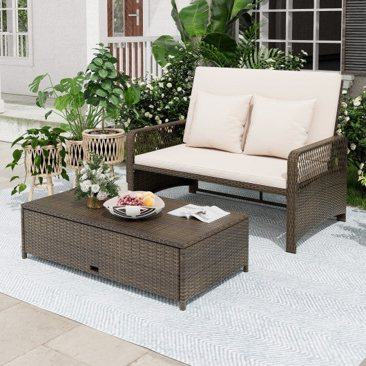 Patio Adjustable Wicker Daybed with 4-Level Backrest and Soft Cushions-Beige
