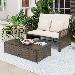 Patio Adjustable Wicker Daybed with 4-Level Backrest and Soft Cushions-Beige