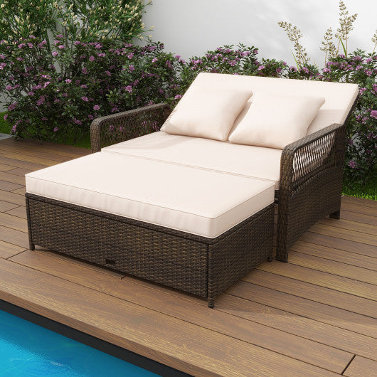Patio Adjustable Wicker Daybed with 4-Level Backrest and Soft Cushions-Beige