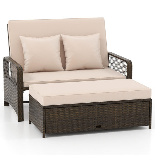 Patio Adjustable Wicker Daybed with 4-Level Backrest and Soft Cushions-Beige
