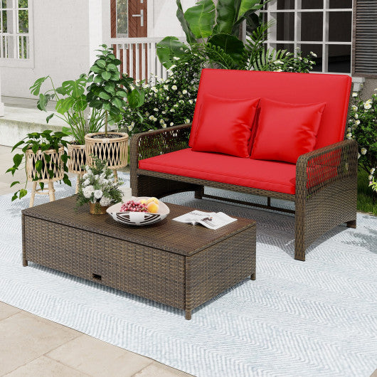 Patio Adjustable Wicker Daybed with 4-Level Backrest and Soft Cushions-Red