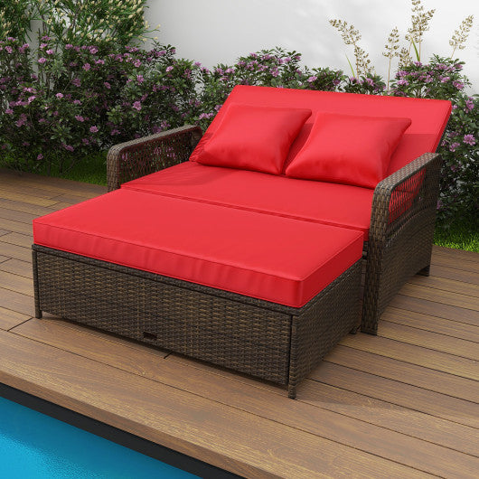 Patio Adjustable Wicker Daybed with 4-Level Backrest and Soft Cushions-Red