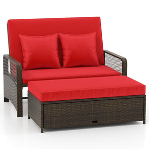 Patio Adjustable Wicker Daybed with 4-Level Backrest and Soft Cushions-Red
