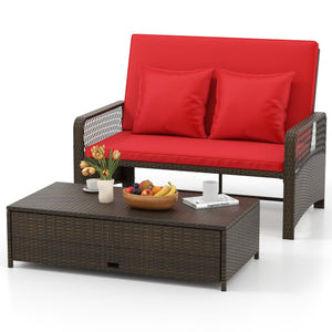 Patio Adjustable Wicker Daybed with 4-Level Backrest and Soft Cushions-Red