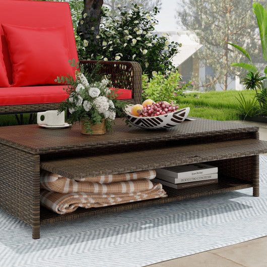 Patio Adjustable Wicker Daybed with 4-Level Backrest and Soft Cushions-Red