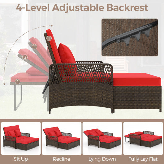 Patio Adjustable Wicker Daybed with 4-Level Backrest and Soft Cushions-Red