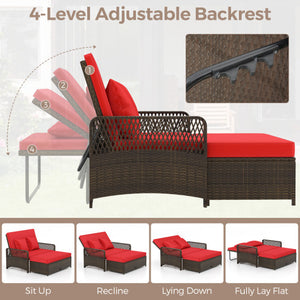 Patio Adjustable Wicker Daybed with 4-Level Backrest and Soft Cushions-Red