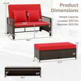 Patio Adjustable Wicker Daybed with 4-Level Backrest and Soft Cushions-Red