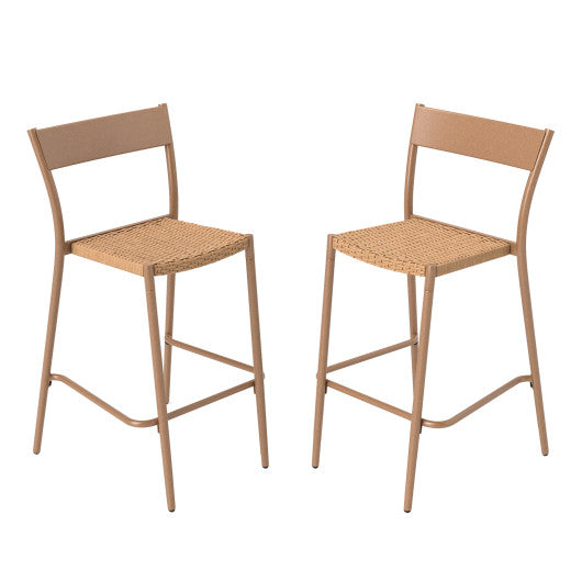 Patio Barstools Set of 2 with Rattan Seat and Metal Backrest-Light Brown