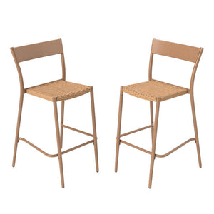 Patio Barstools Set of 2 with Rattan Seat and Metal Backrest-Light Brown