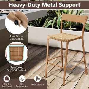 Patio Barstools Set of 2 with Rattan Seat and Metal Backrest-Light Brown