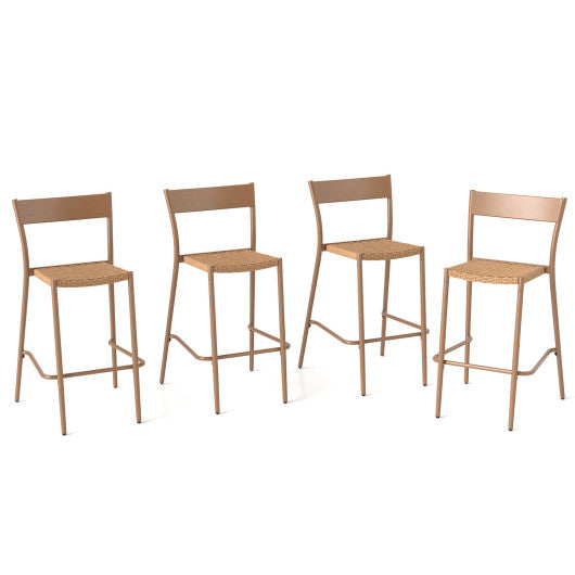 Patio Barstools Set of 4 with Rattan Seat and Metal Backrest-Light Brown