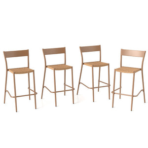 Patio Barstools Set of 4 with Rattan Seat and Metal Backrest-Light Brown