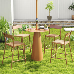 Patio Barstools Set of 4 with Rattan Seat and Metal Backrest-Light Brown